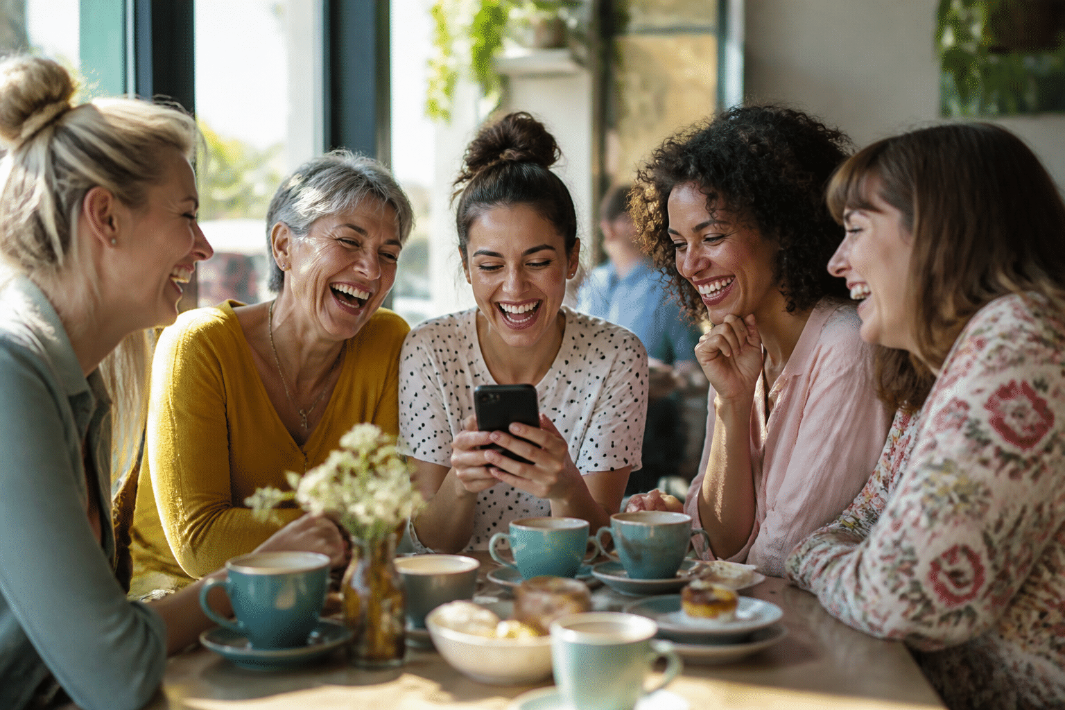 Eine Gruppe lachender Frauen in einem Café, die durch Humor Verbundenheit und Unterstützung erfahren, was die heilende Kraft von Lachen vor einer Schönheits-OP unterstreicht.