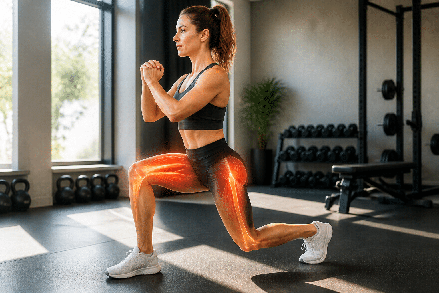 Squats vs. Lunges Cellulite: Eine Frau in einem Ausfallschritt (Lunge), die Oberschenkelmuskeln sind durch eine Cellulite-fokussierte Darstellung hervorgehoben.