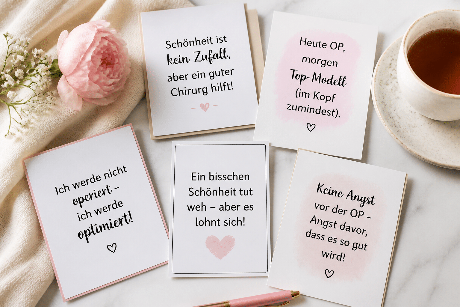 lustige sprüche schönheits op: Eine stilvolle Anordnung von Karten mit lustigen und aufmunternden Sprüchen zur Schönheits-OP, um eine positive Stimmung zu fördern.