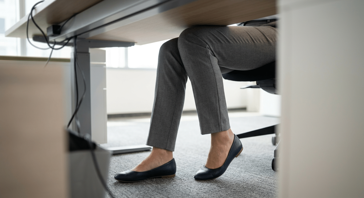 Ansicht unter einem Schreibtisch, Beine einer Frau führen diskrete Oberschenkel- und Po-Übungen aus.
