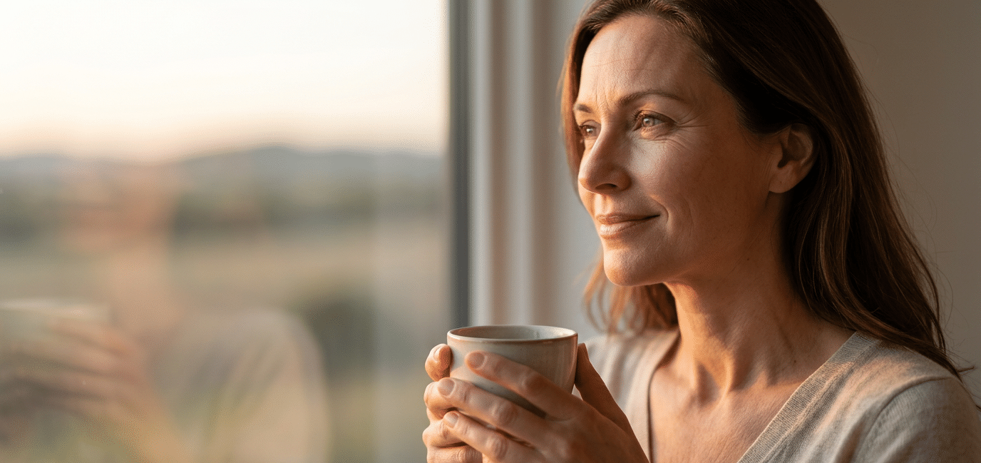schönheit ist nicht alles sprüche: Eine Frau schaut nachdenklich aus dem Fenster und symbolisiert, dass Schönheit nicht alles ist und innere Ruhe wichtiger ist.