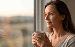 schönheit ist nicht alles sprüche: Eine Frau schaut nachdenklich aus dem Fenster und symbolisiert, dass Schönheit nicht alles ist und innere Ruhe wichtiger ist.