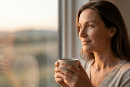 schönheit ist nicht alles sprüche: Eine Frau schaut nachdenklich aus dem Fenster und symbolisiert, dass Schönheit nicht alles ist und innere Ruhe wichtiger ist.
