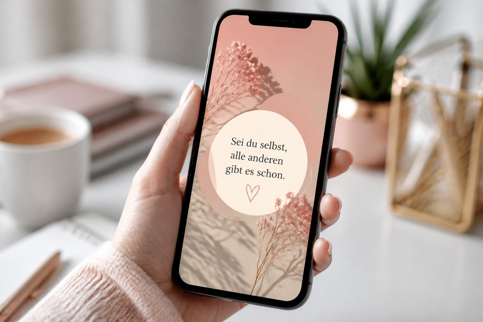 Smartphone-Bildschirm zeigt einen inspirierenden Schönheit Spruch als täglichen Boost.