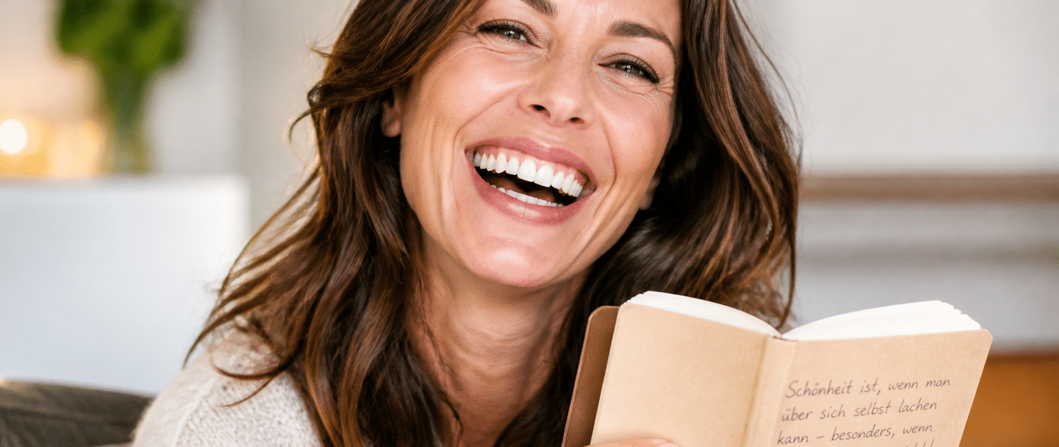 schönheit sprüche lustig: Eine strahlende Frau lacht fröhlich, während sie lustige Schönheitssprüche in einem Notizbuch liest, was ihre positive Einstellung zur Schönheit unterstreicht.