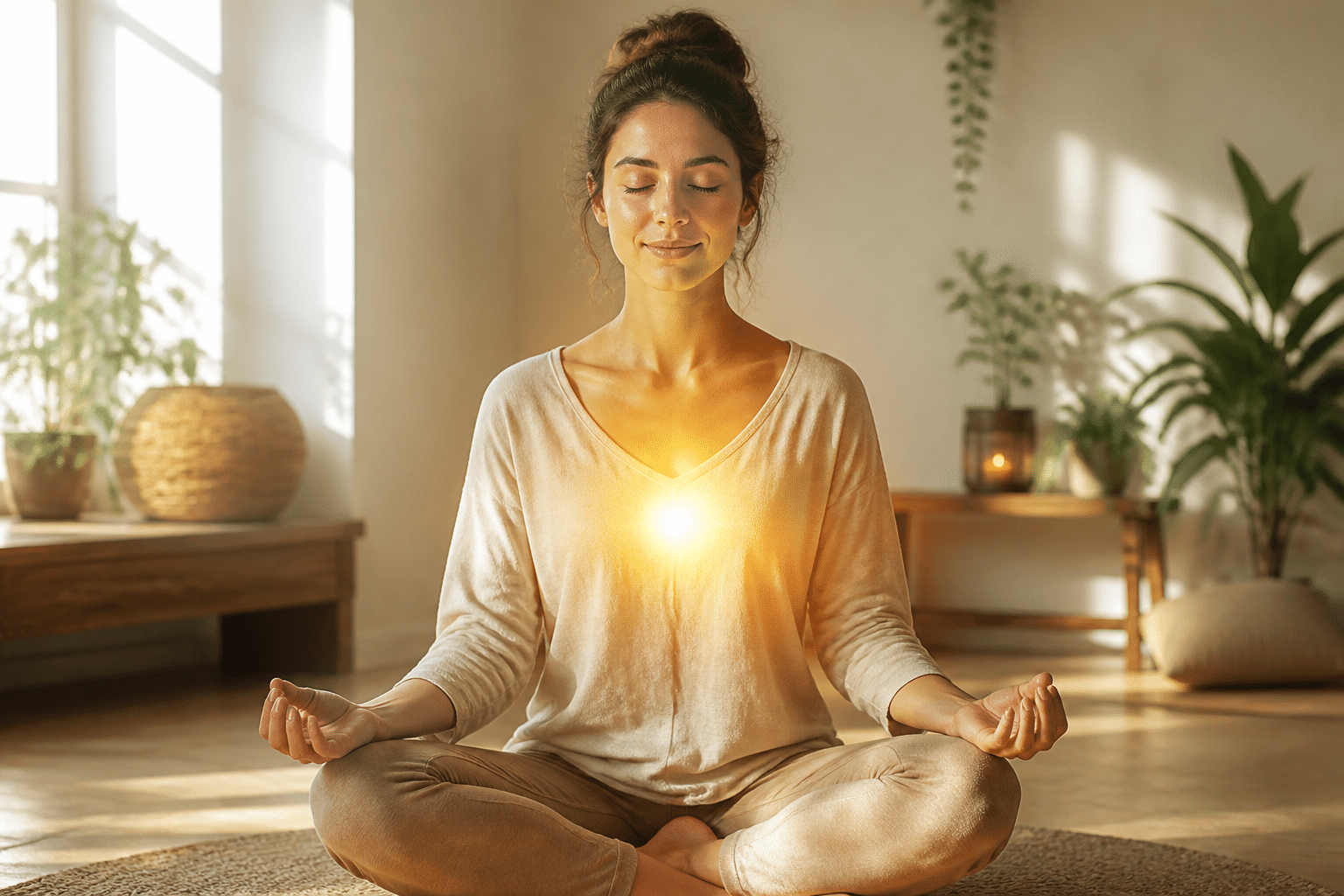 Eine Frau meditiert mit einem leuchtenden Herzen, symbolisiert die Stärkung des Selbstwerts durch innere Arbeit und die Macht der schönheit ist nicht alles sprüche.