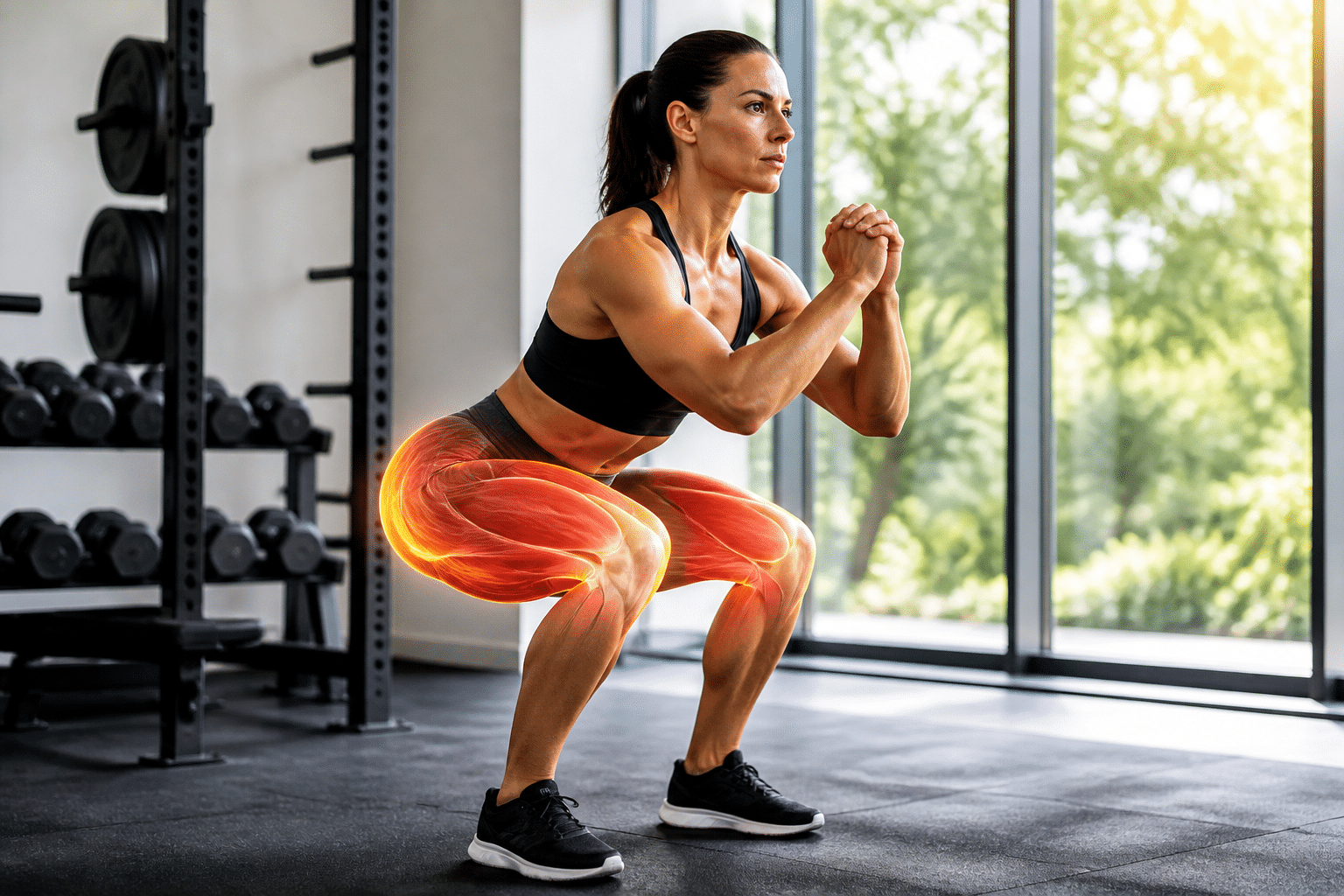 Eine Frau führt einen Squat mit perfekter Form aus, wobei die beanspruchten Muskeln für den Po und die Oberschenkel hervorgehoben sind.