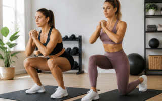 Squats vs. Lunges Cellulite: Zwei sportliche Frauen zeigen Squats und Lunges im Vergleich, ideal für die Bekämpfung von Cellulite an den Oberschenkeln.