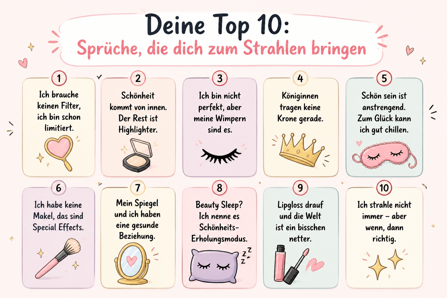 Eine ansprechende Illustration, die zehn lustige Sprüche über Schönheit mit verspielten Symbolen präsentiert und zum Schmunzeln anregt.