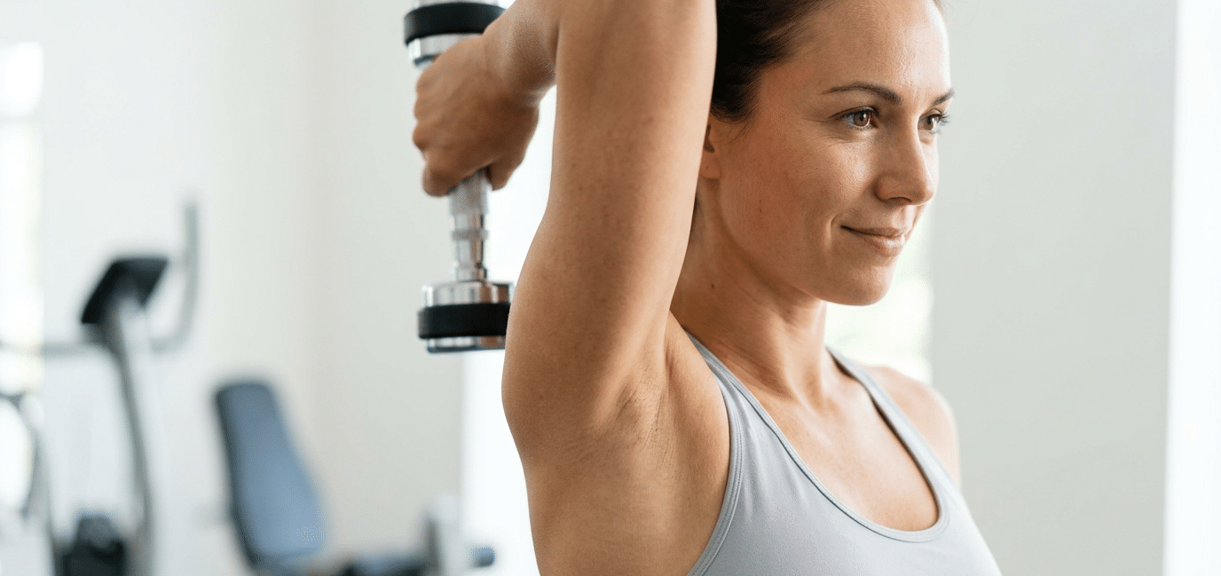 Winkearme ade: Die 5 effektivsten Hantel-Hacks gegen Cellulite an den Oberarmen: Nahaufnahme einer Frau, die eine Hantelübung für den Trizeps ausführt, für straffe Oberarme und gegen Cellulite.